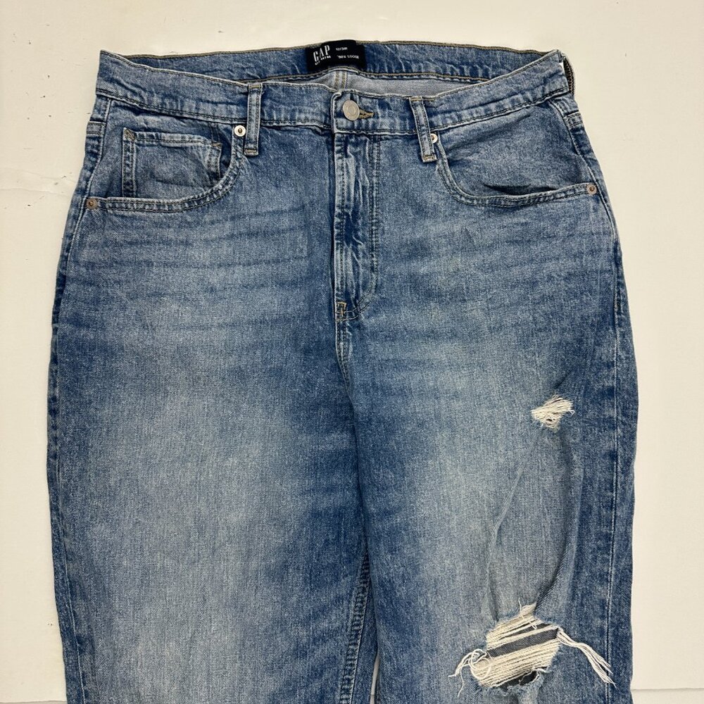 Gap '90s Loose Distressed Raw Hem Women's size 12 Medium Blue Denim Jeans - Picture 2 of 5